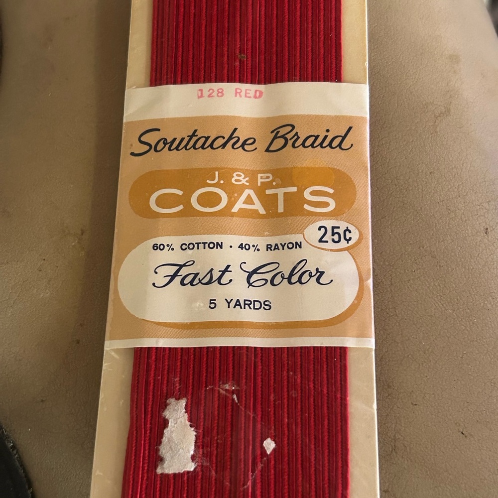vintage J. & P. Coats Soutache Braid in color 128 RED.